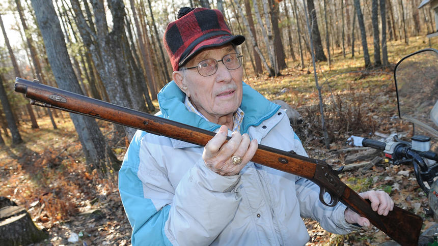 Ken Felt, rural Shevlin proudly holds his grandfathers blackpowder Husqvarna Model 1867 Rolling Block rifle which he successfully shot a deer from 100 yards away, first shot. Not bad for a 93 year old hunt who jumped on his four wheeler and harvested his doe shortly after that.