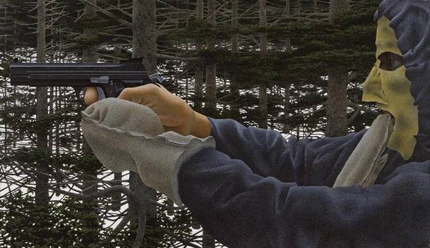 In the Woods, 1976 acrylic polymer. A very nice and accurate study of how cold it must be to shoot a SIG P210 classic pistol in the Canadian woods in winter.