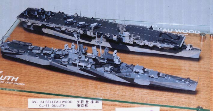 A scale model of the Independence-class light carriers and the Cleveland-class light cruiser. Note the hulls.