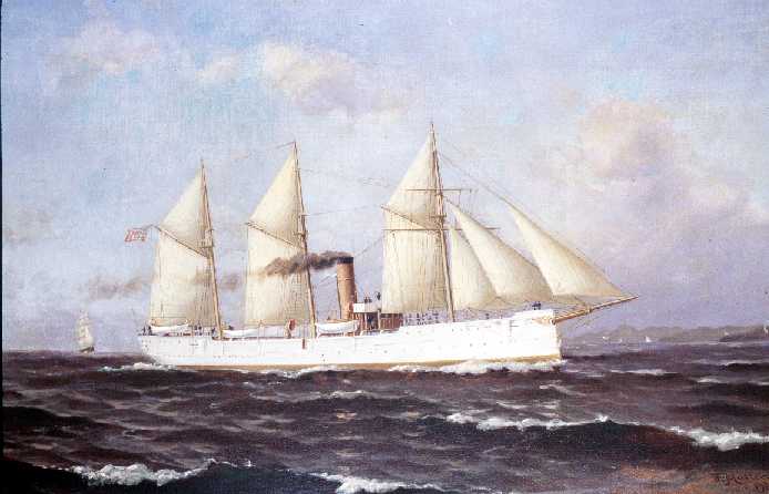 USRC McCulloch in full rig. Note that McCulloch is indicative of the five ship class she came from with the exception of having a three-masted barquentine rig where as the other ships, being about 15-feet shorter, had a two mast brigantine auxillary rig. Painting, Coast Guard Academy Museum Art Collection. 
