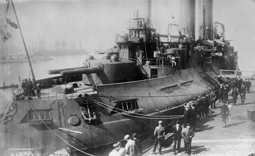 Russian battleship Tsesarevich, a pre-dreadnought battleship of the Imperial Russian Navy, docked Krondsdat, ca. 1915. Note dark wartime scheme
