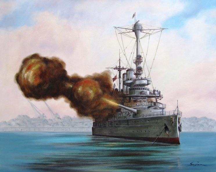 The conflict begins" portrait of Schleswig-Holstein firing the opening shots of the Second World War on the Westerplatte, Gdansk, Poland on September 1, 1939. (Photo courtesy of Sejar Bekirow and www.sejar-kunst-malerei.de via Maritime Quest)