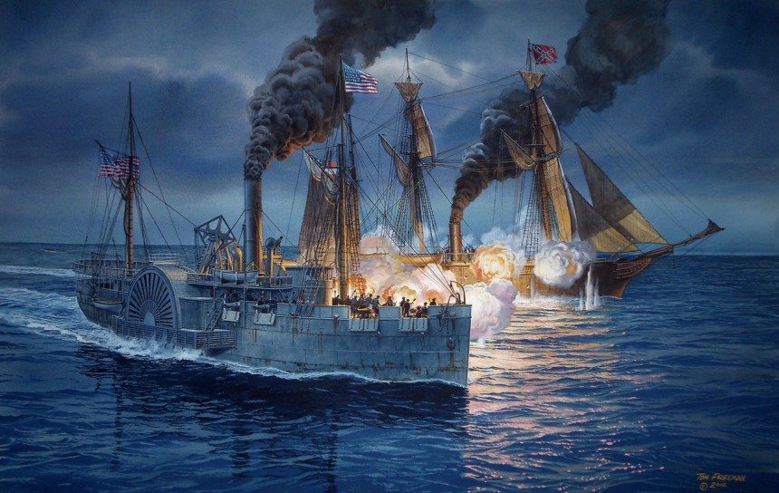 The Fatal Chase by Tom Freeman. The USS Hatteras engages the Confederate raider CSS Alabama. Hatteras was sunk in the ensuing battle