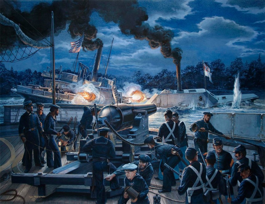 "Gunfight on the Roanoke," The gun crew of the U.S.S. Miami witnesses the sinking to the U.S.S. Southfield by the C.S.S. Albemarle, April 19, 1864. Via TomFreemanArt.com