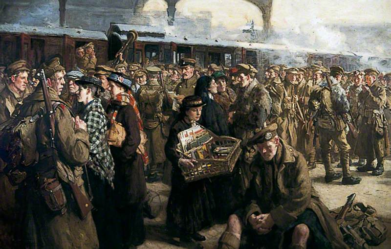 The Return to the Front Victoria Railway Station, by Richard Jack, 1916, via the York Museums, on display in Lincolnshire. Trust Supplied by The Public Catalogue Foundation
