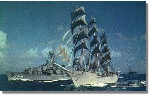 USS Strong DD-758 and The Christian Radich under sail in Windjammer