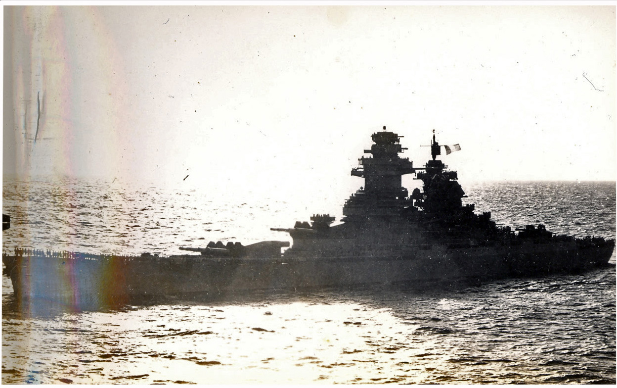 Battleship Richelieu seen from USS Saratoga (CV-3), during operations with the Royal Navy in the Indian Ocean, 1944