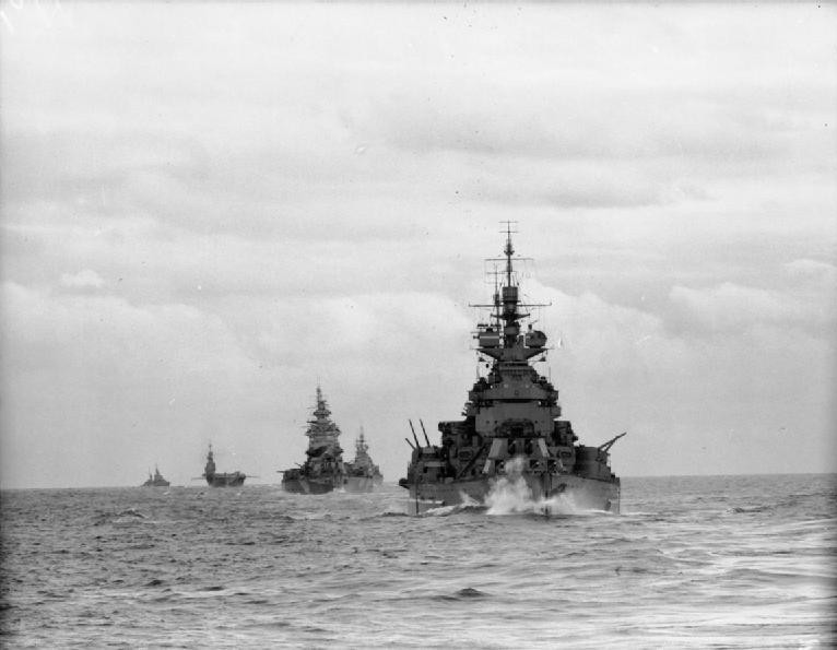 Force H warships HMS Duke of York, Nelson, Renown, Formidable, and Argonaut underway off North Africa, November 1942.