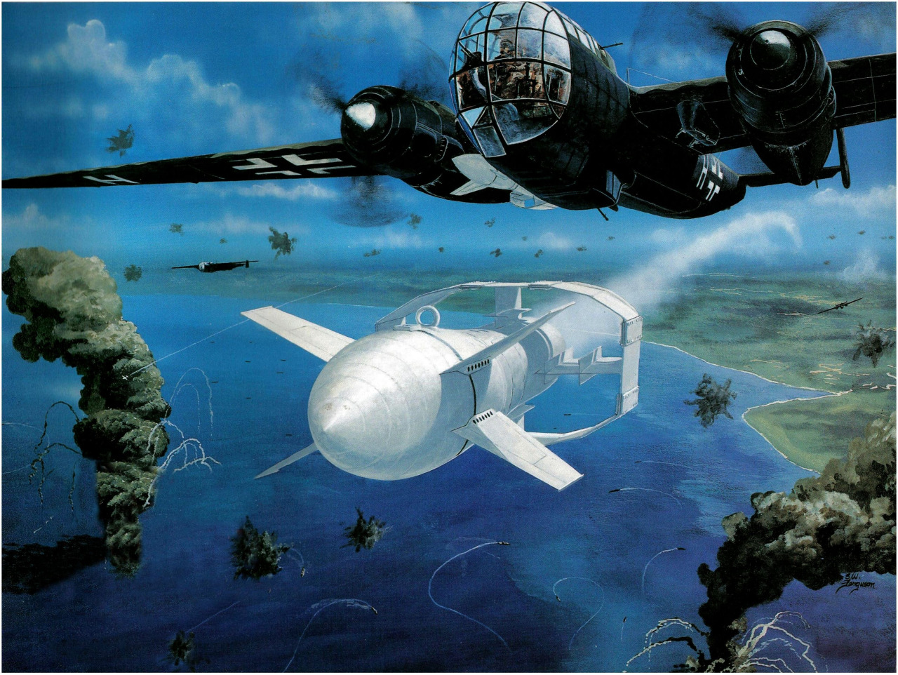 Depiction of the Dornier Do-217M Fritz X attack on Italian battleship Roma. The glide bomb had a flare in its tail to allow the bombardier to guide it to its target from upto 5km away