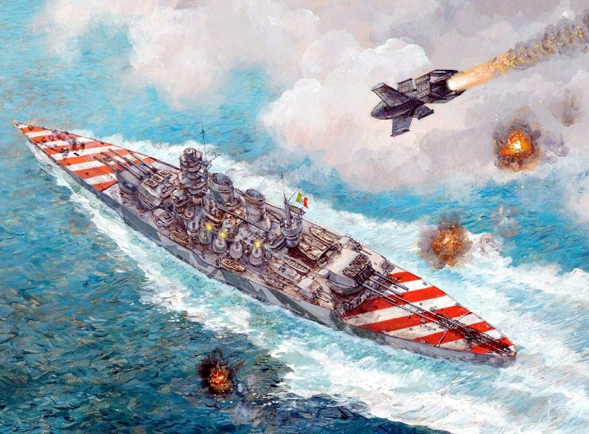 "End of the Roma 1943" by Paul Wright. Note the very distinctive national markings on deck. However, the flare on the Fritz-X seems a little too rocket-like as the bomb was unpowered. 