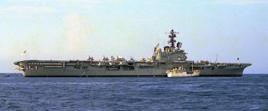 HMAS Melbourne (R21) at Honiara, Solomon Islands. 1st of April 1980. note Skyhawks on deck