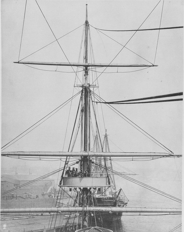 View of the mast and fighting top, circa 1888. Note 37 mm Hotchkiss gun in top. Catalog #: NH 56522 