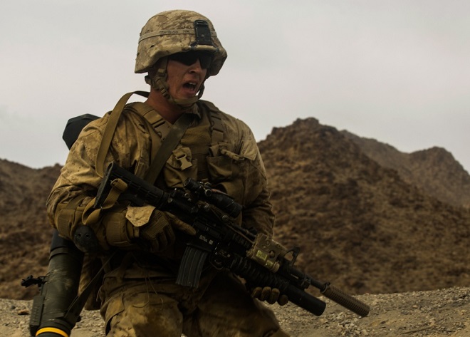 A U.S. Marine with Bravo Company, 1st Battalion, 2nd Marine Regiment, conducts a company attack range in Twentynine Palms, Calif., Oct. 23, 2016. Bravo Company is participating in Integrated Training Exercise (ITX) 1-17 and preparing to support Special Purpose Marine Air-Ground Task Force. (U.S. Marine Corps photo by Lance Cpl. Sarah N. Petrock, 2d MARDIV Combat Camera) 