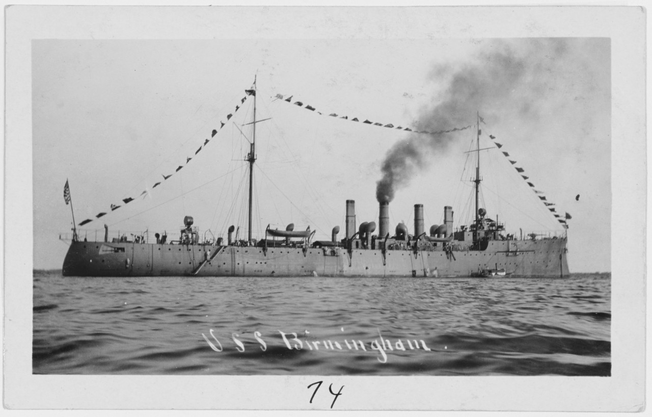 USS Birmingham (Scout Cruiser # 2) Dressed in flags while at anchor, circa 1909. Collection of Chief Quartermaster John Harold. NH 101517