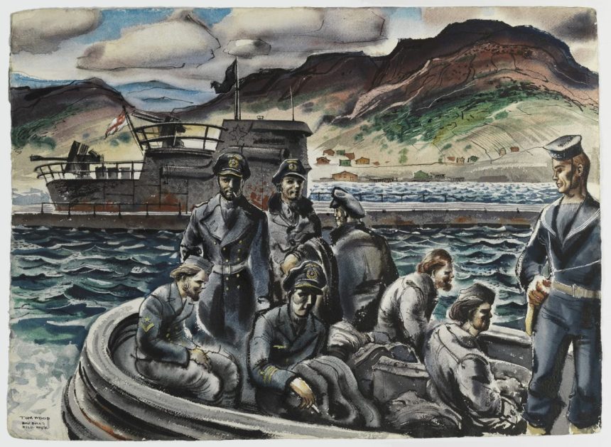 Canadian war artist Tom Wood's watercolor depicts German sailors being transferred from U-190 on 14 May 1945. Wood, assigned to paint subjects in eastern Canada and Newfoundland, was present when Canadian ships escorted U-190 to Bay Bulls, south of St. John's. There, Canadians removed the last of the U-Boat's crew, who had been operating the vessel under guard. The majority of U-190's crew had been taken onto Canadian ships at the time of the submarine's surrender. Beaverbrook Collection of War Art. CWM 19710261-4870